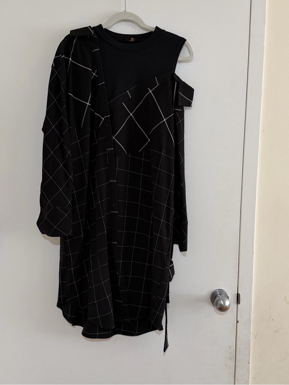 Maje black grid one shoulder dress